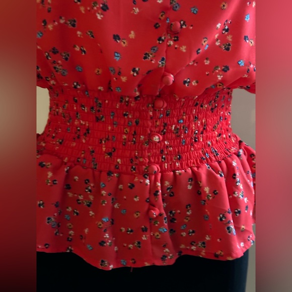 Sienna Sky Red Beautiful Blouse Elastic Sleeves & Waist Fabric Buttons S… - Picture 5 of 11